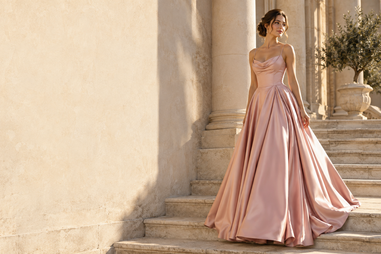 Concept fashion editorial: a woman in a blush rose evening gown beside sunlit stone architecture